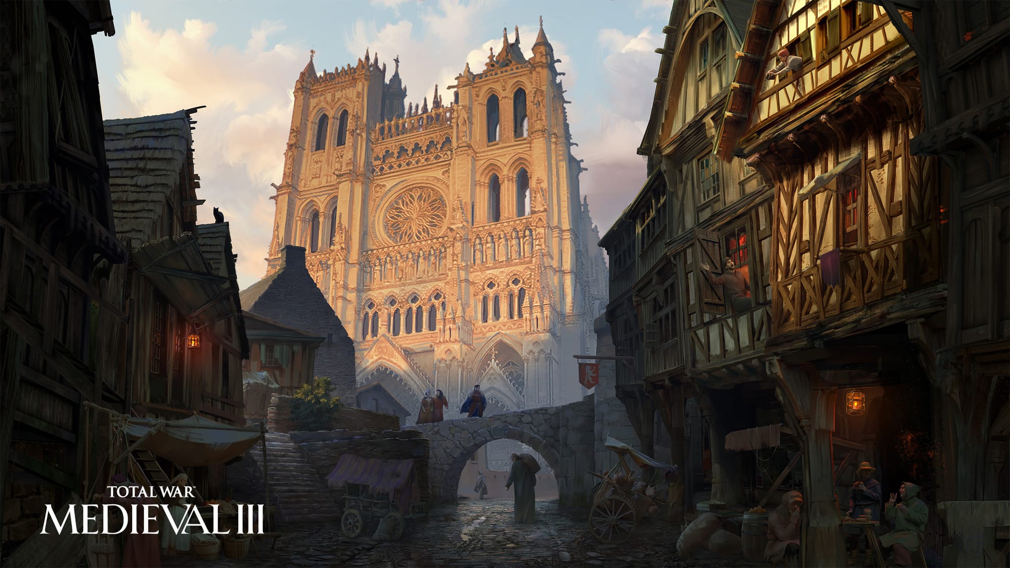 Concept art for Total War: Medieval 3, with a street leading up to a cathedral
