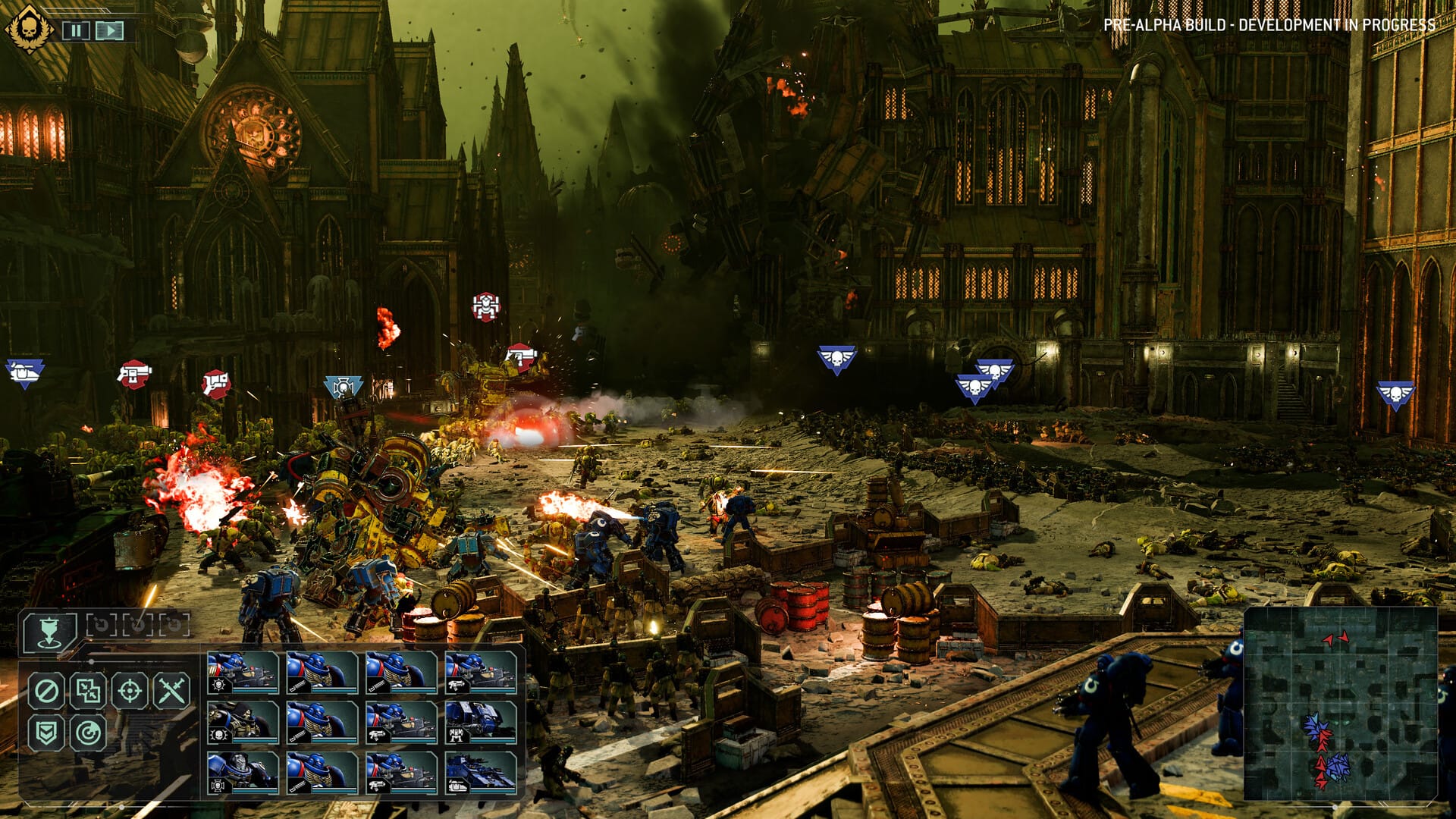 A battle in Total War: Warhammer 40,000, with Space Marines firing on Orks