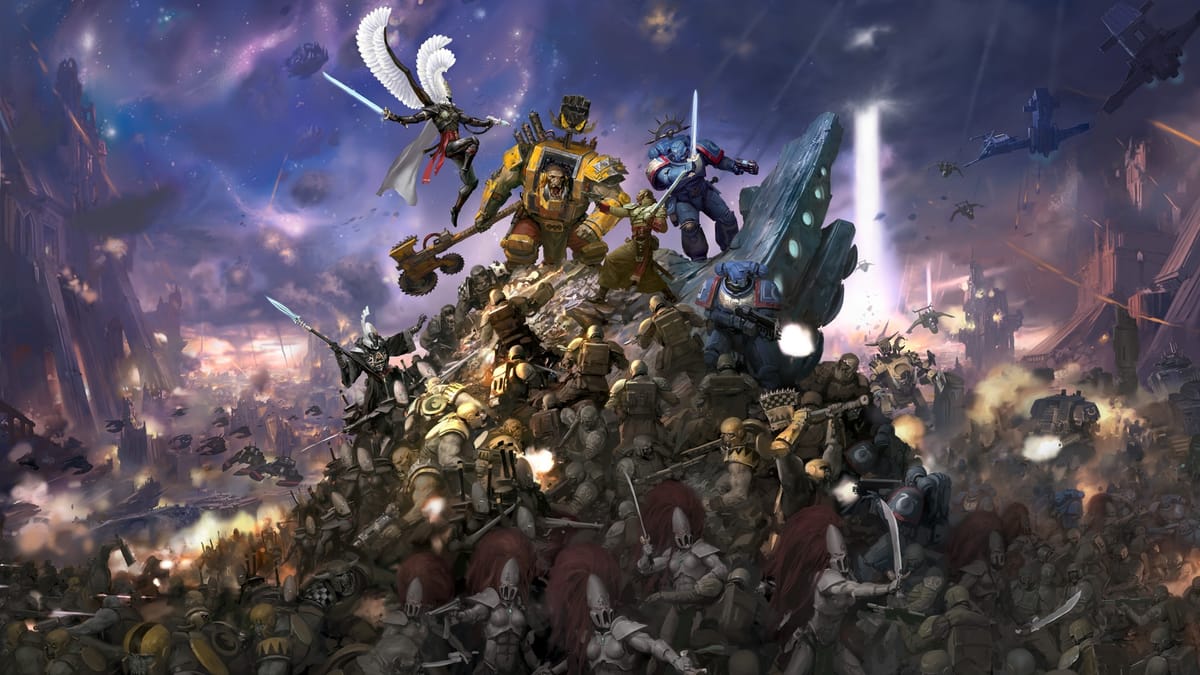 Key art for Total War: Warhammer 40,000, showing armies composed of Eldar, Orks, Space Marines, and Imperial Guards all fighting.